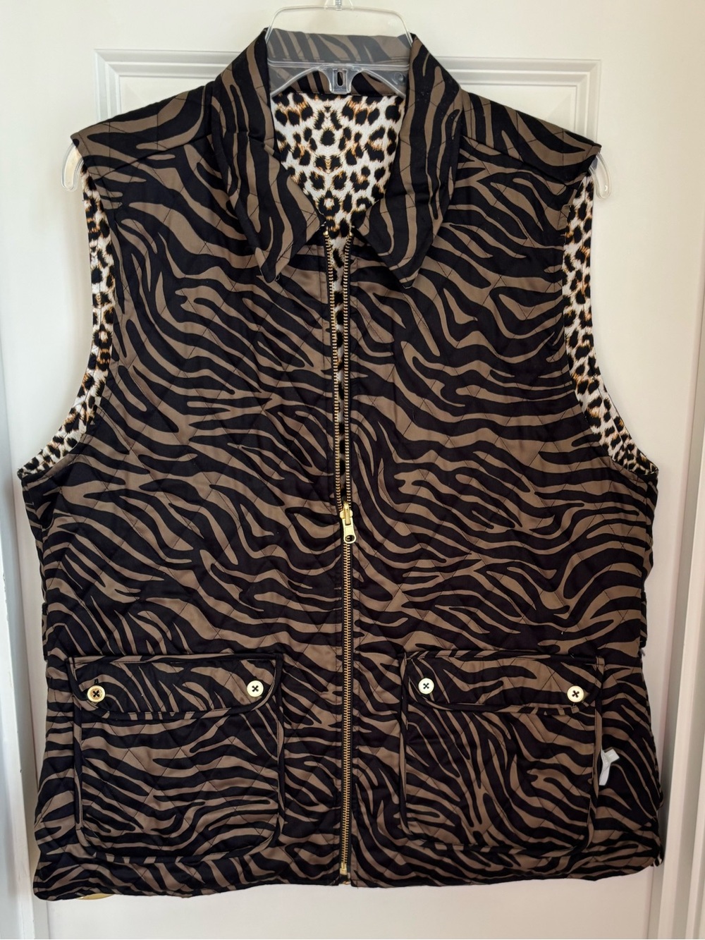 Hinson Wu Reversible Animal Print Quilted Vest - Brown/Black size L